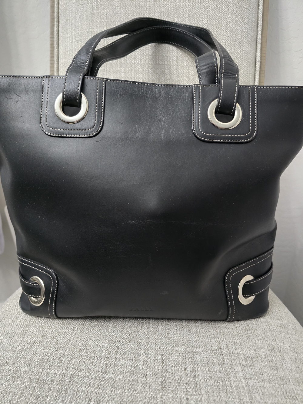 Bally Black Leather Silver Hardware Contrast Stitching
